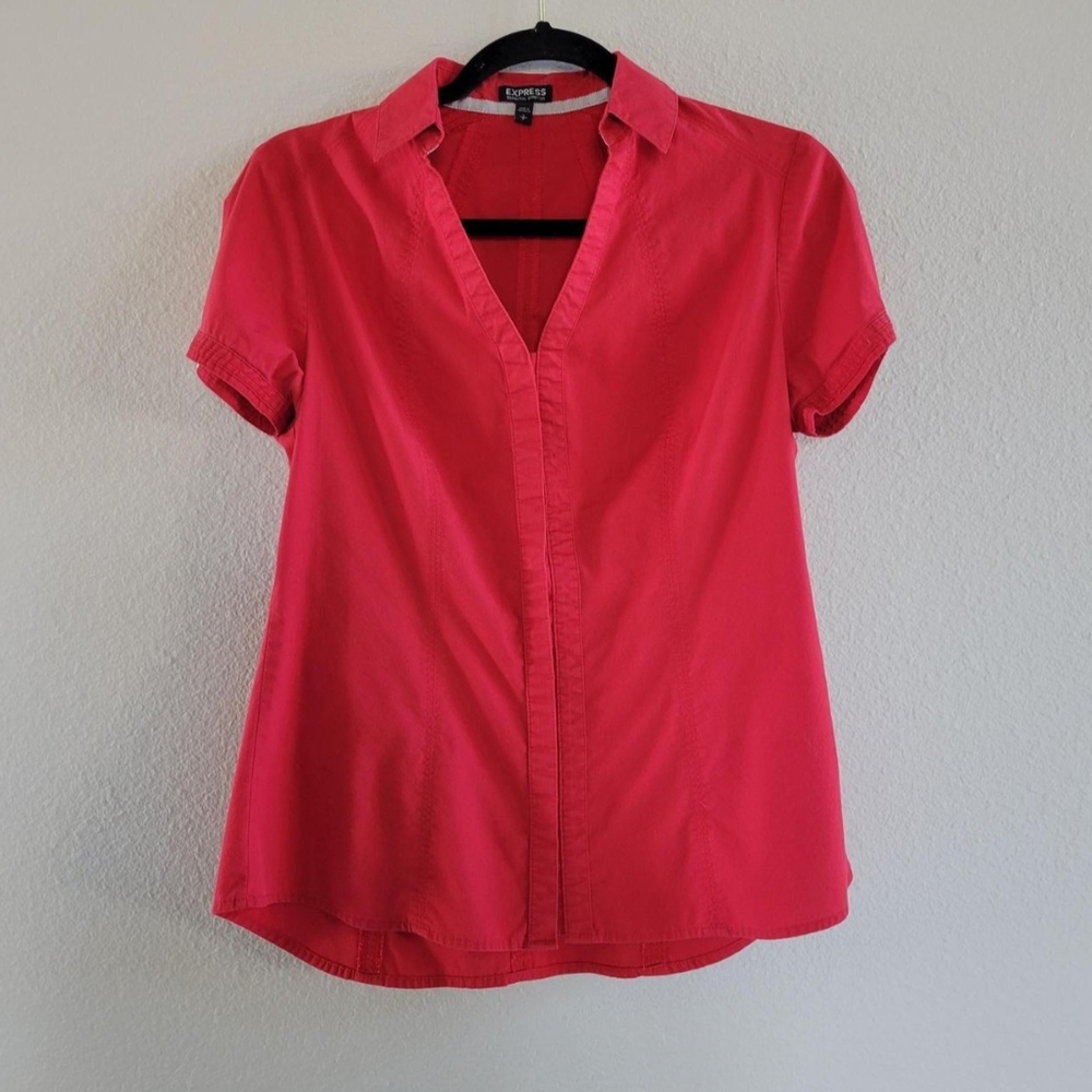Express Red Fitted Short Sleeve Button Down Shirt